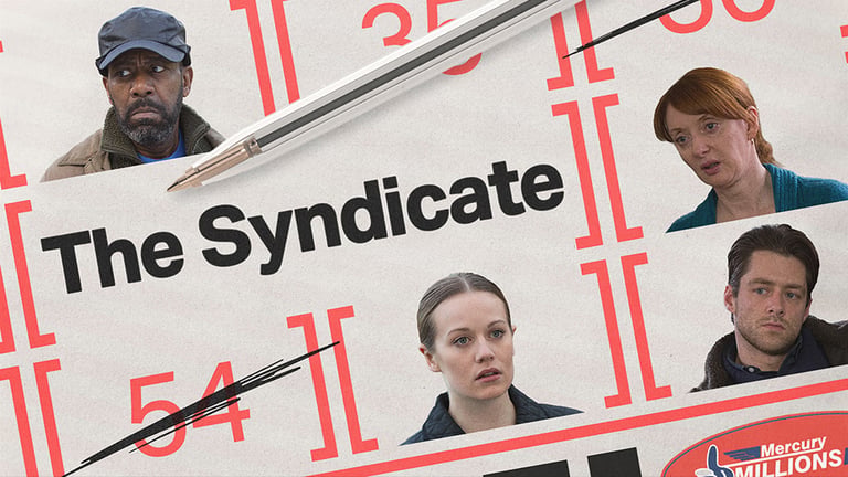 Promotional graphic for The Syndicate showing a lottery ticket with crossed-out numbers, a pen, and four character portraits around the title.