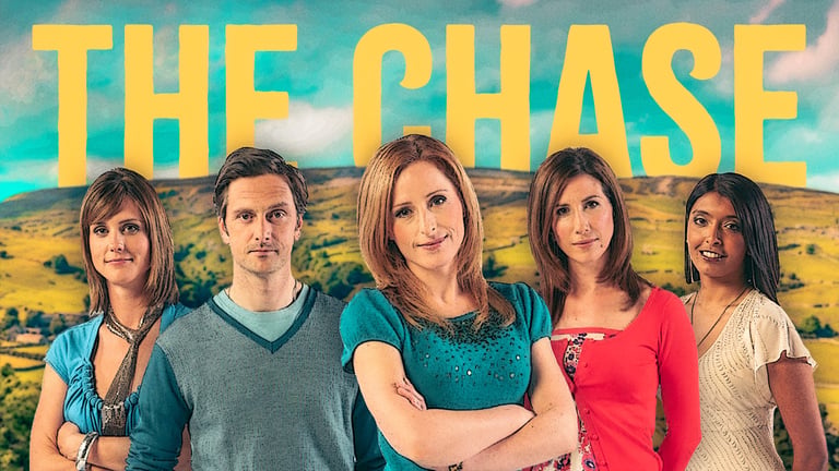 Promotional image for The Chase, featuring five cast members standing in front of a countryside backdrop with the programme title displayed prominently above.
